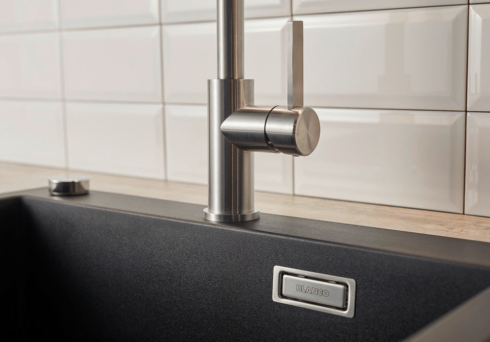 Blanco Jandora 526615 Single Lever J Shaped Kitchen Tap - Brushed Stainless Steel