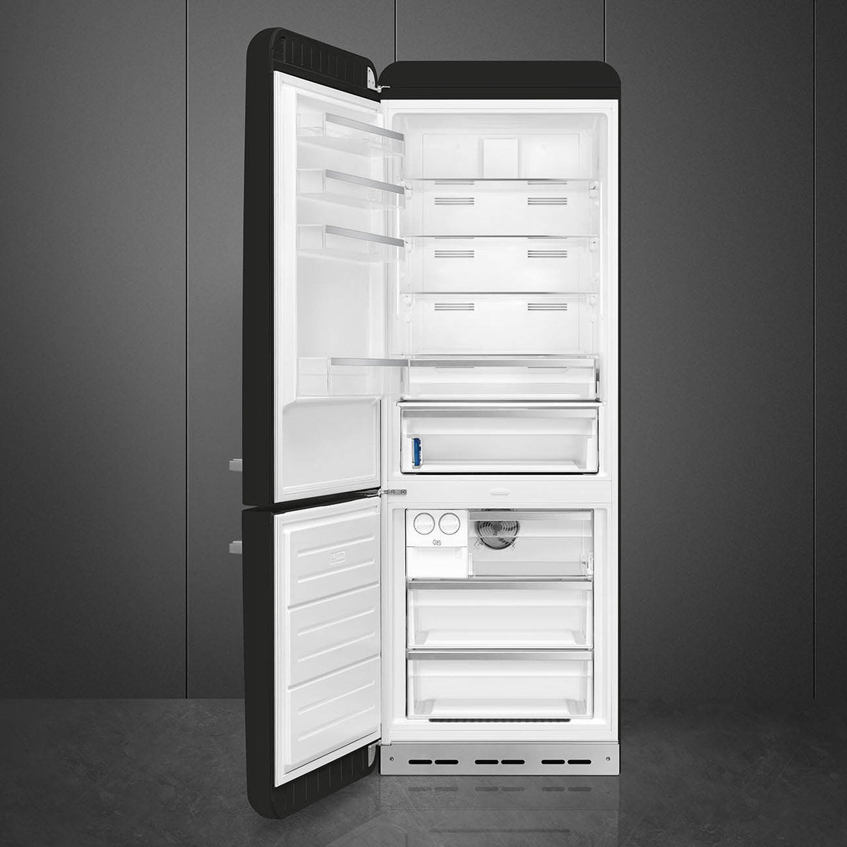 Smeg FAB38LBL6 Retro Free Standing Refrigerator in Black Left hand hinge 706 mm wide Gloss finish - Lux Appliances