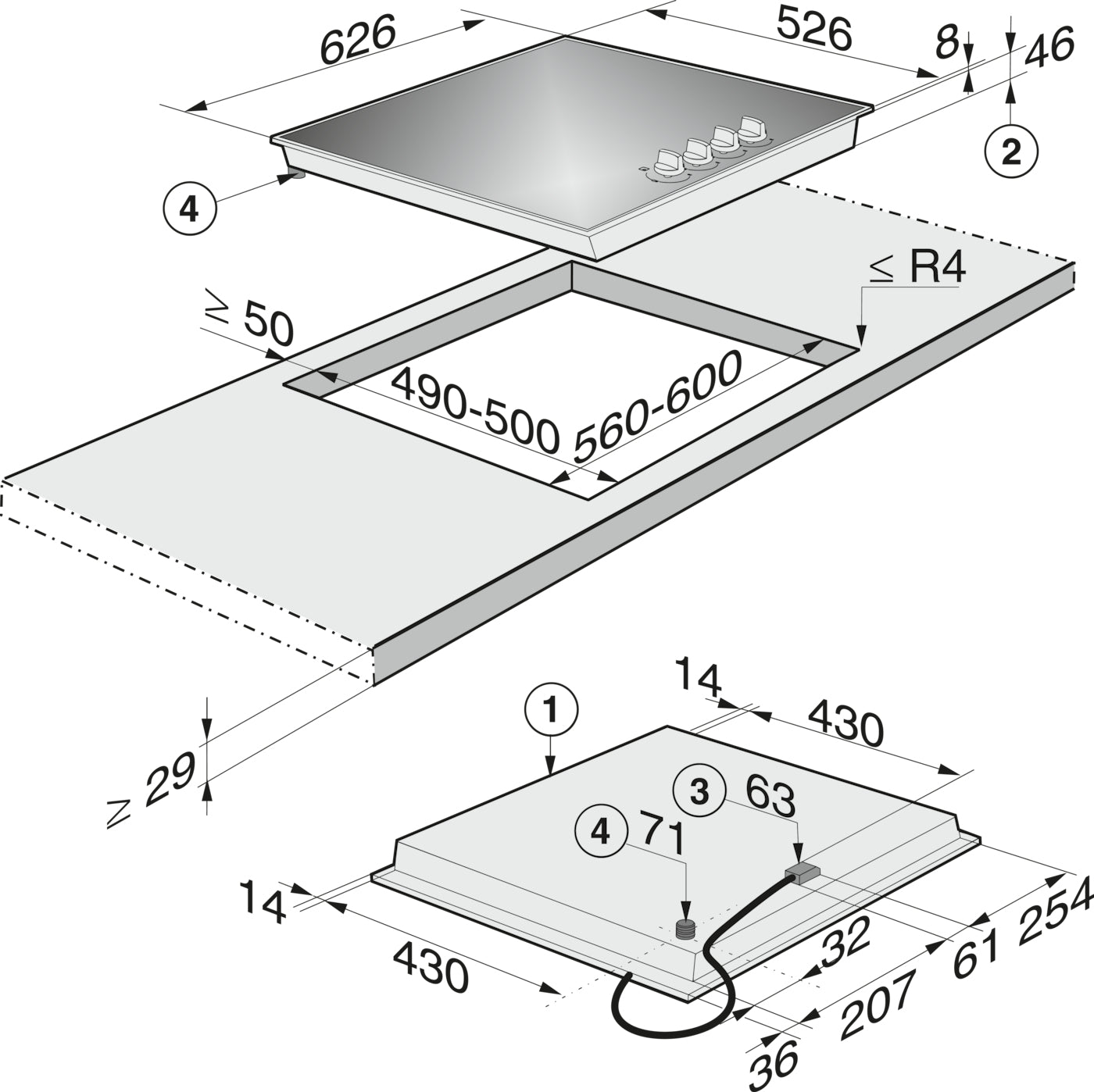 Miele KM3010 63cm Wide Gas Hob - Black