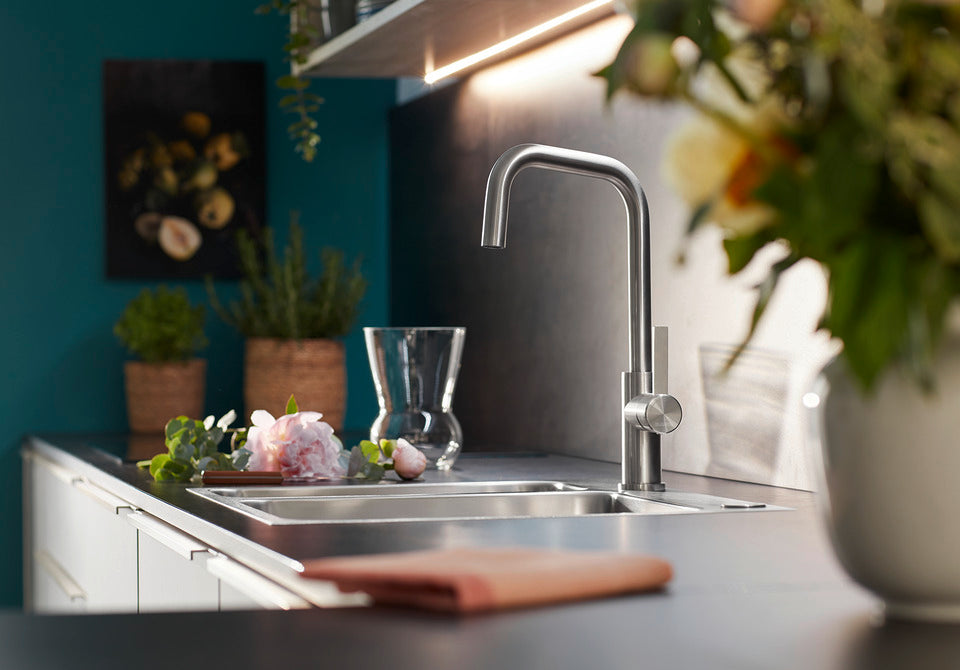 Blanco Jandora 526615 Single Lever J Shaped Kitchen Tap - Brushed Stainless Steel
