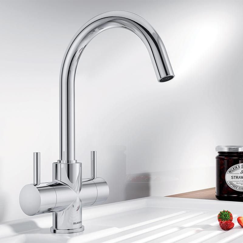 Blanco CAMIA Twin Lever High C-Shaped Spout Kitchen Mixer Tap - Chrome - 525334