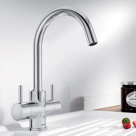 Blanco CAMIA Twin Lever High C-Shaped Spout Kitchen Mixer Tap - Chrome - 525334