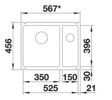 Blanco Subline 350/150-U Ceramic - 523741 - Crystal White Gloss PuraPlus Undermount 1.5 Bowl Sink