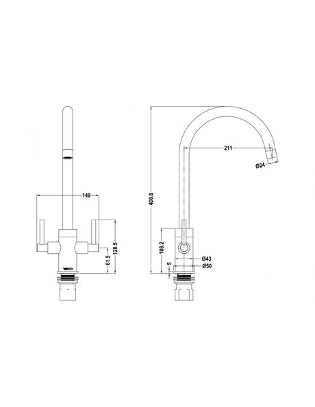 1810 CUR/02/BS Curvato Round Spout Twin Lever Kitchen Tap - Brushed Steel