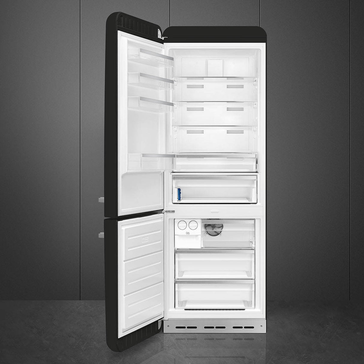 Smeg FAB38LBL6 Retro Free Standing Refrigerator in Black Left hand hinge 706 mm wide Gloss finish - Lux Appliances 