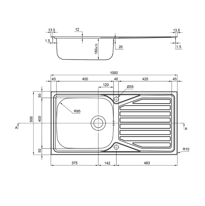 1810 - Veloreuno 100i Rev Large Inset Stainless Steel 1.0 Bowl Sink with Drainer