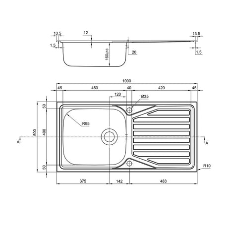 1810 - Veloreuno 100i Rev Large Inset Stainless Steel 1.0 Bowl Sink with Drainer