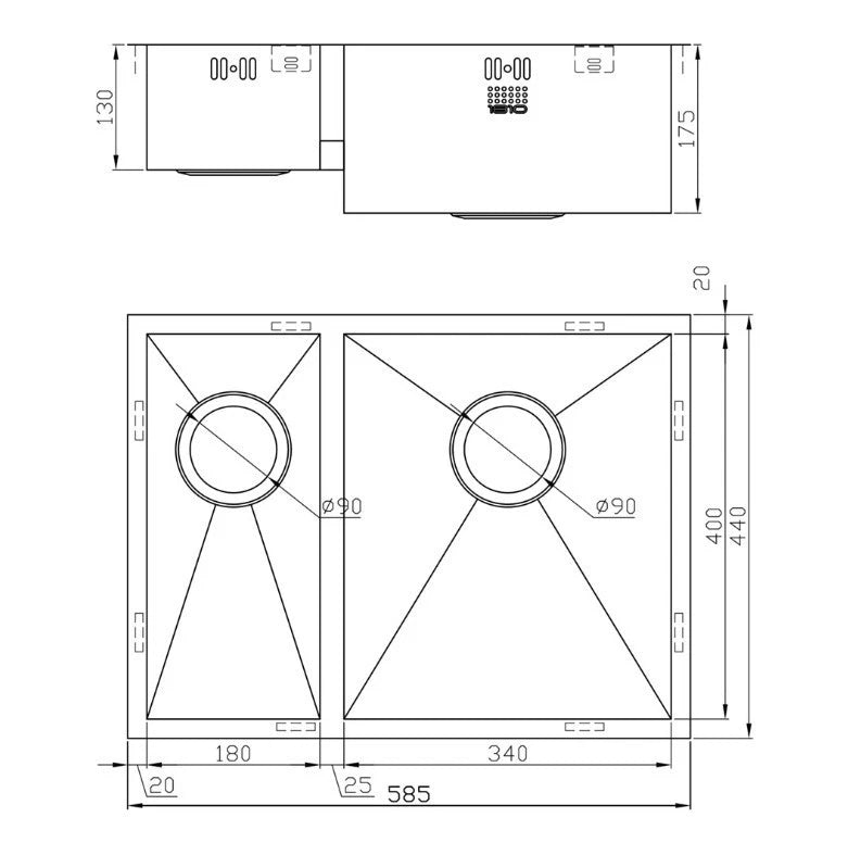 1810 - Zenduo 180/340 U Undermount Stainless Steel 1.5 Bowl (RH) Sink